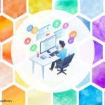 Drawing of a researcher sitting at a desk navigating online searches. drawing is mounted on multicloured honeycomb background