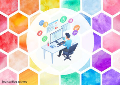Drawing of a researcher sitting at a desk navigating online searches. drawing is mounted on multicloured honeycomb background