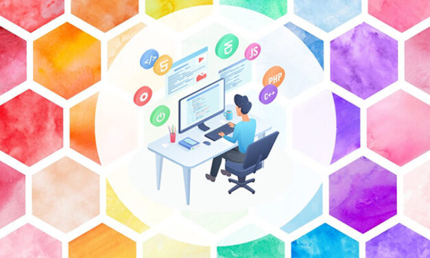 Drawing of a researcher sitting at a desk navigating online searches. drawing is mounted on multicloured honeycomb background