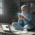 Girl sits on the floor studying using her mobile phone and laptop.