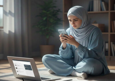 Girl sits on the floor studying using her mobile phone and laptop.