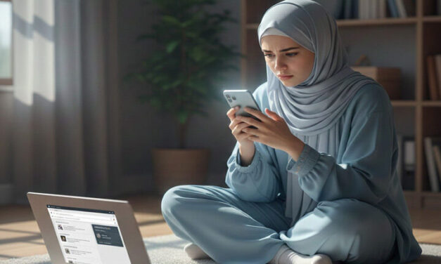 Girl sits on the floor studying using her mobile phone and laptop.