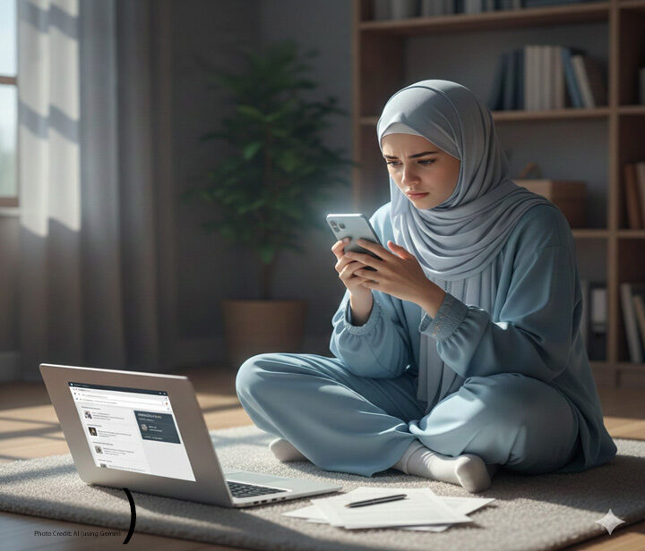 Girl sits on the floor studying using her mobile phone and laptop.