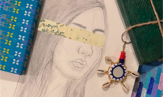 sketch of a girl (Thiri) with a band covering her eyes.