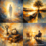 AI generated image in 4 parts, one of a figure in a doorway with light behind, on of a silhouette of a tree against the sky reflected in water, a clock, books and a key, a figure sitting in opposite an empty chair