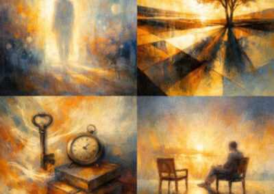 AI generated image in 4 parts, one of a figure in a doorway with light behind, on of a silhouette of a tree against the sky reflected in water, a clock, books and a key, a figure sitting in opposite an empty chair