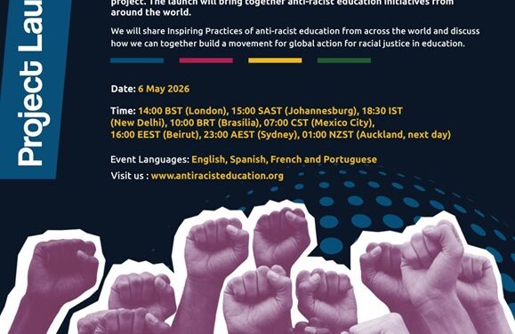 Poster promoting Launch of Global Action for Racial Justice in Education (GARJE) on 6 May 2026 with image of fists held high. Logos of Actionaid, SETA, Education International, Global Campaign for Educuation and Global Student Forum