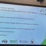 Slide showing UKFIET event Leaving no learner behind: Disability inclusive education and the post 2030 agenda panel sessions and agenda