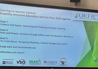 Slide showing UKFIET event Leaving no learner behind: Disability inclusive education and the post 2030 agenda panel sessions and agenda