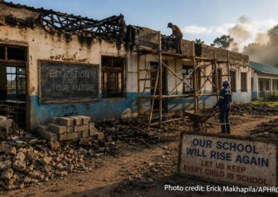 A fire damaged school being repaired. Two notices : Education is our future. And Our School Will rise again, Let us keep every child in school