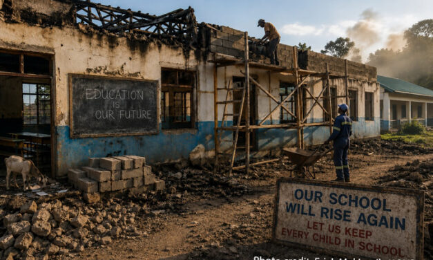 A fire damaged school being repaired. Two notices : Education is our future. And Our School Will rise again, Let us keep every child in school