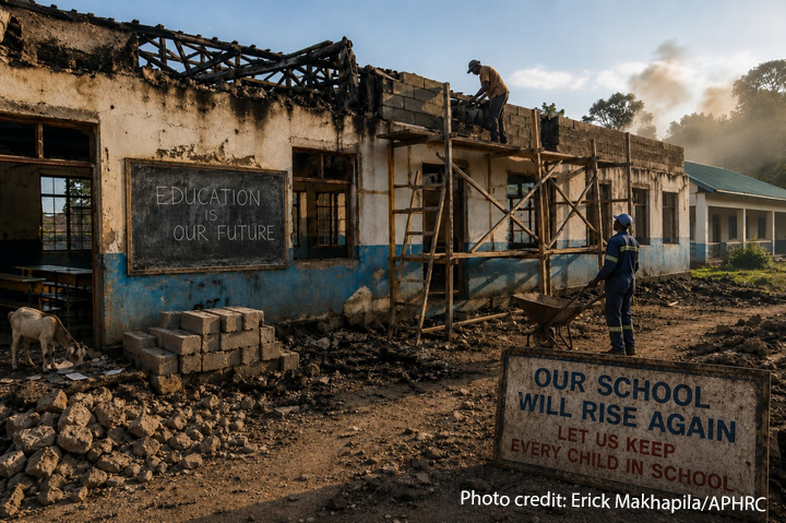 A fire damaged school being repaired. Two notices : Education is our future. And Our School Will rise again, Let us keep every child in school