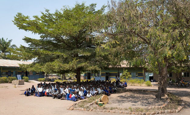Primary school students wait for their class to start in the shade of a tree, Tanzania.